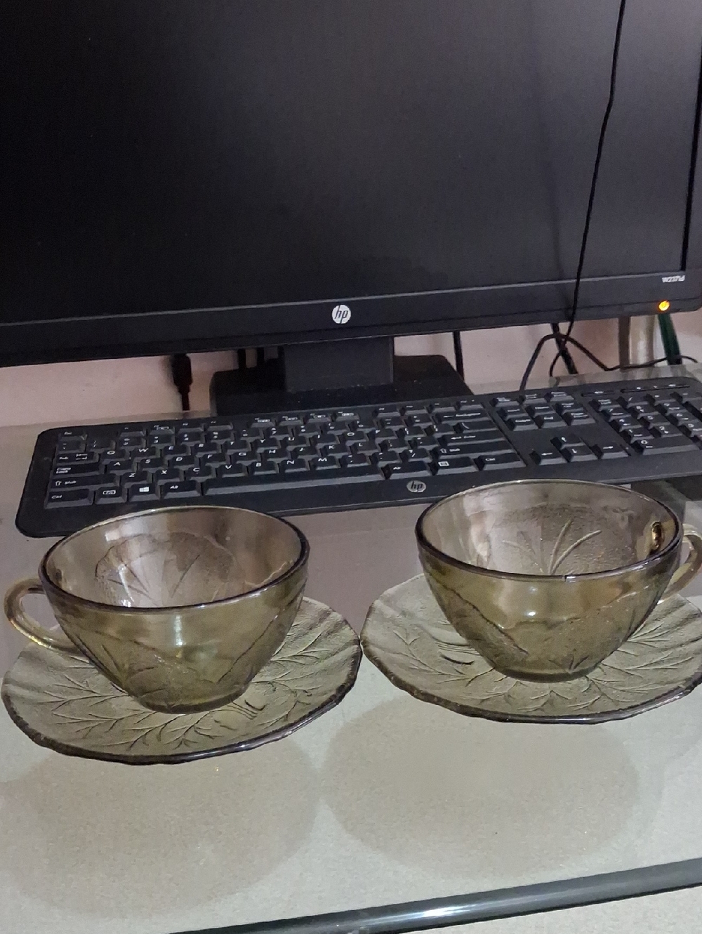 Smoky Olive Glass Teacup & Saucer Pair with Leaf Motif